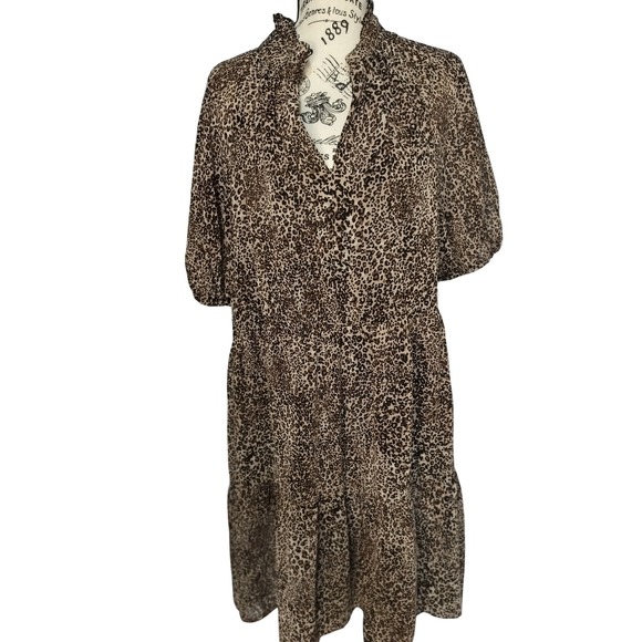 MSK Womens XL Leopard Print Tiered Midi Dress Short Puff Sleeve Brown Animal XL - Picture 3 of 6